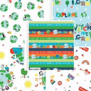 Op de afbeelding: Een verzameling kleurrijke stofstalen met speelse ontwerpen. De patronen bevatten lachende aardbollen, vriendelijke dieren en de woorden "EXPLORE", "WATCH ME GROW" en "ARE MY". Geschikt voor kinderprojecten en knutselwerk.