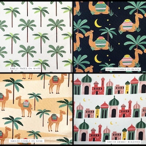 May include: Four different fabric designs featuring a desert theme. The first design shows green palm trees on a white background. The second design shows camels with colorful saddles on a black background. The third design shows camels with colorful saddles on a sand-colored background. The fourth design shows colorful buildings with domes on a white background.