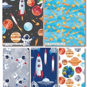 The Craft Cotton Co Into the Galaxy-stof 112 cm breed (planeten, ruimteschip, vallende sterren, ruimtevaarder, raketten, melkwegstelsel, astronaut, Jupiter)