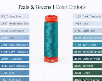 Aurifil 50wt Thread Small Spool 100% Egyptian Cotton (220 Yards/200 Meters) - Teals & Greens 1