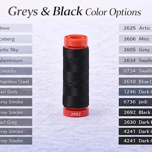 May include: A spool of black thread with bright orange plastic ends, positioned centrally amidst a list of colour options titled Greys & Black Colour Options. The list includes various shades like Dove, Iceberg, Artic Sky, Aluminium, Xanadu, Stainless Steel, Earl Grey, Grey Smoke, Artic Ice, Mist, Grey, Swallow, Blue Grey, Dark Grey, Jedi, Black, and Dark Pewter.