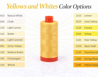 May include: A spool of golden yellow thread with a red plastic top and base, centered between two columns of text titled Yellows and Whites Color Options, listing various color names and numerical codes for thread selection.
