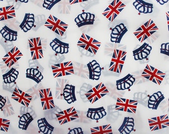 May include: White fabric with a repeating pattern of red, white and blue Union Jack flags and blue crowns.