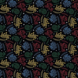May include: A black fabric with a repeating pattern of the Hogwarts house crests and mascots. The crests are in their respective house colors: Gryffindor (red and gold), Hufflepuff (yellow and black), Ravenclaw (blue and bronze), and Slytherin (green and silver). The mascots are a lion, badger, eagle, and snake.