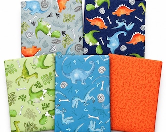 Little Dinosaur by Susan Wheeler 100% Cotton 45x55cm Wide 5Pcs Fat Quarters Fabric Bundle for Crafting, Quilting, Home Décor