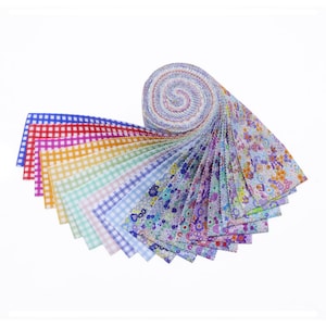 May include: A roll of fabric featuring a variety of colourful gingham and floral prints. The fabric is arranged in a fan shape, with the floral prints on the top and the gingham prints on the bottom.