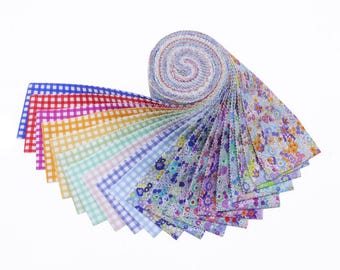 May include: A roll of fabric featuring a variety of colorful gingham and floral prints. The fabric is arranged in a fan shape, with the floral prints on the top and the gingham prints on the bottom.