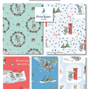 May include: A collection of Peter Rabbit-themed fabric designs with holiday themes. The designs feature illustrations of Peter Rabbit in various winter scenes, including sledding and delivering mail. The color palette includes light blue, red, and white. The text "The Most Wonderful Time of the Year" is displayed.