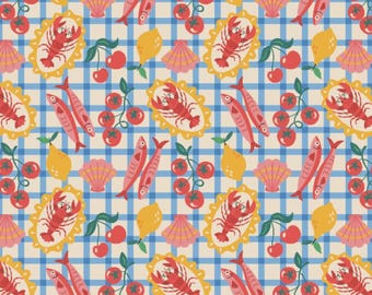 Little Johnny Seafood Picnic White Digital Cotton Fabric 114cm Wide 100% Cotton Fabric Ideal for Crafts, Sewing, DIY Projects