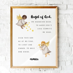 May include: A printable art print with a watercolour illustration of two angels. The print features the text "Angel of God, My Guardian Dear. To Whom God's Love Commits Me Here. Ever This Day Be At My Side. To Light And Guard. To Rule And Guide. Amen."