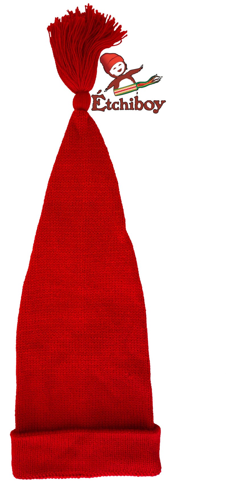 May include: A red knitted elf hat with a long tassel. The hat has a pointed top and a folded brim. The hat is made of a soft, warm material and is perfect for keeping your head warm during the winter months.