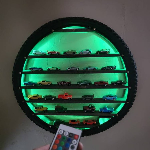 Unique Kids toy car storage shelf with 3 FREE CARS with LED option bike tire display toddler boys husband birthday gift