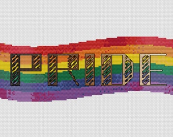Bold Pride Banner LGBTQA Unity Flag Cross Stitch Pattern Instant Download.  Makes 130 x 56 stitch piece.  Contains color + B&W patterns
