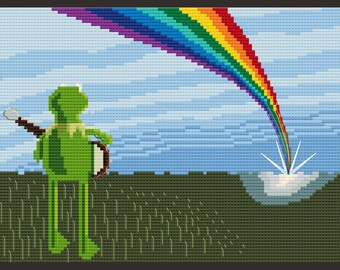 Rainbow Connection With Kermit The Frog Cross Stitch Pattern Instant Download PDF With Color + Black & White Charts, 112 x 84 Stitches