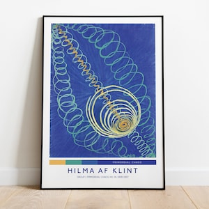 May include: A framed poster of an abstract painting by Hilma af Klint titled "Primordial Chaos." The painting features a blue background with swirling lines in shades of green and yellow.