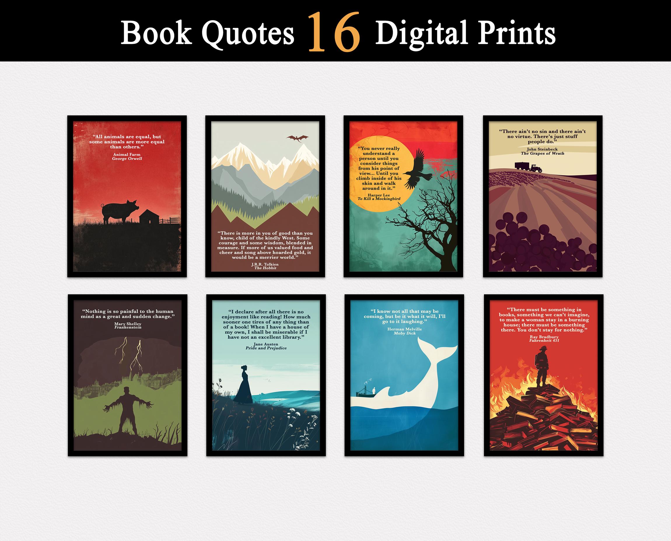Classic Book Quotes, Book Posters Set of 16 DIGITAL Downloads, English Classroom Decor, Library Decor, Book Prints, High School, Book Lovers