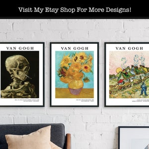May include: Three framed prints of famous Van Gogh paintings. The left print shows a skeleton with a cigarette in its mouth. The middle print shows a vase of sunflowers. The right print shows a landscape with houses and a figure in the distance.