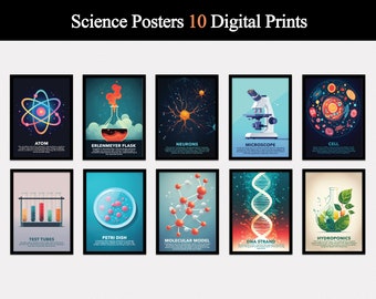 May include: Set of 10 digital science posters featuring colorful illustrations of scientific concepts, including an atom, Erlenmeyer flask, neurons, microscope, cell, test tubes, petri dish, molecular model, DNA strand, and hydroponics.