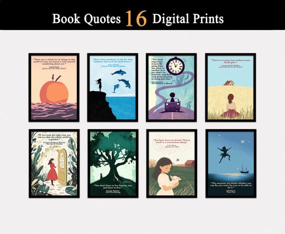 Book Quotes, Book Posters Set of 16 DIGITAL Downloads, English Class, Library, Book Print, Elementary School Classroom Decor, Primary School