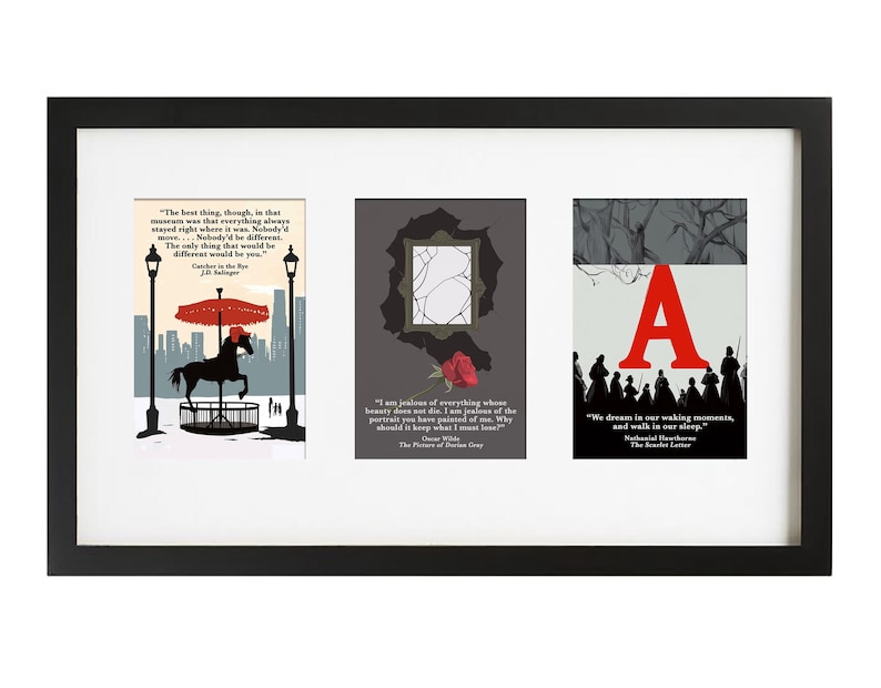 May include: A framed print with three panels. The left panel features a black and white illustration of a carousel horse with a red umbrella. The middle panel is a gray background with a black frame and a red rose. The right panel features a black and white illustration of a group of people with a large red letter A in the center. The text on the left panel reads "The best thing, though, in that museum was that everything always stayed right where it was. Nobody'd be different. The only thing that would be different would be you." The text on the right panel reads "We dream in our waking moments, and walk in our sleep."