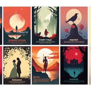 Buchgenre Poster Set von 10, Klassenzimmer-Dekor, Bibliotheks-Dekor, Buchdrucke, Druckset für literarische Genres, englische Klassenzimmer-Poster, Buchliebhaber