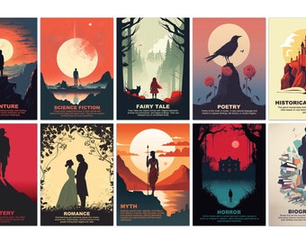 Book Genre Posters Set of 10, Classroom Decor, Library Decor, Book Prints, Literary Genres Print Set, English Classroom Posters, Book Lovers