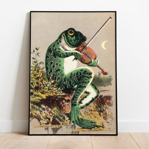 Frog Playing Violin in The Moonlight, Vintage Frog Print, Frog Poster, Retro Poster, Frog Art, Wall Art