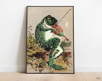 Rana tocando el violín a la luz de la luna, lámina vintage de rana, póster de rana, póster retro, arte de rana, decoración de pared