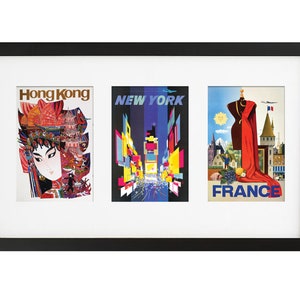 May include: A black framed triple picture frame with three vintage travel posters. The posters feature images of Hong Kong, New York City, and France.