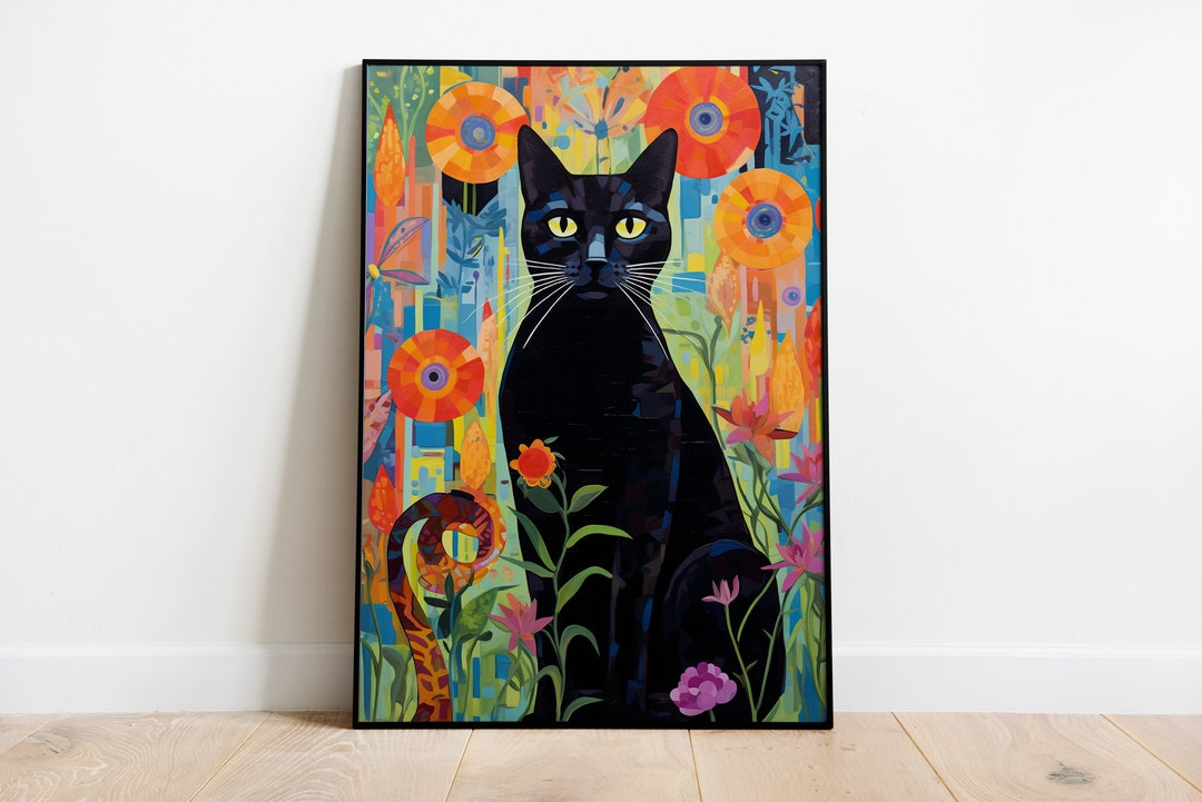 Black Cat Art Print, Gustav Klimt Cat in a Garden, Floral Cat ...
