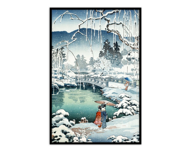 May include: A Japanese woodblock print depicting a snowy landscape with a bridge over a pond. Two figures in traditional clothing walk across the bridge, each holding an umbrella. The scene is framed by snow-covered trees and a mountain in the background.
