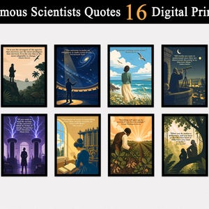 Puede incluir: Una colección de ocho impresiones digitales enmarcadas titulada Famous Scientists Quotes 16 Digital Prints. Cada impresión rectangular presenta una ilustración única de un científico con una cita, incluyendo a Charles Darwin, Nikola Tesla y George Washington Carver, dispuesta en una cuadrícula sobre un fondo claro.
