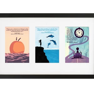 May include: A black framed triple picture frame with white matting. The three images are from popular children's books. The first image is from "James and the Giant Peach" and features a peach floating on the ocean. The second image is from "The Island of the Blue Dolphins" and features a silhouette of a girl standing on a cliff overlooking the ocean. The third image is from "The Phantom Tollbooth" and features a car driving down a road with a clock in the background.