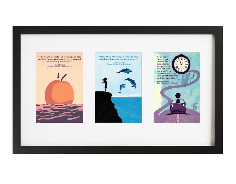 May include: A black framed triple picture frame with white matting. The three images are from popular children's books. The first image is from "James and the Giant Peach" and features a peach floating on the ocean. The second image is from "The Island of the Blue Dolphins" and features a silhouette of a girl standing on a cliff overlooking the ocean. The third image is from "The Phantom Tollbooth" and features a car driving down a road with a clock in the background.