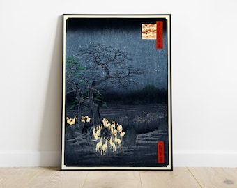 Utagawa Hiroshige Woodblock Print, New Year&#39;s Eve Foxfires at the Changing Tree, Japanese Antique Art Print, Fox Art, Japanese Art