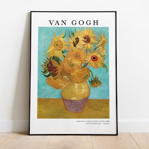 Impresión de girasoles de Van Gogh — Impresión artística de Van Gogh — Jarrón con doce girasoles — Flores de Van Gogh — Decoración moderna para el hogar y la sala de estar