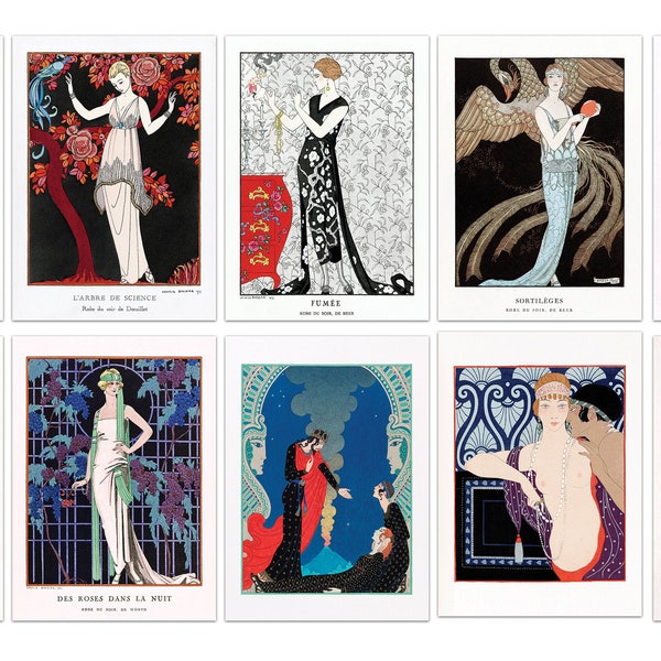 George Barbier Art Deco Prints, 1920s Art Print Poster Set of 10, Fashion Illustration, Flapper Girl, French Art Nouveau Postcards, 5x7in