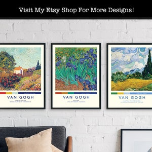 May include: Three framed art prints of famous Van Gogh paintings. The prints feature "Landscape with a Farmhouse", "Irises", and "Wheatfield with Crows". Each print includes the title, artist, and museum where the original painting is located.