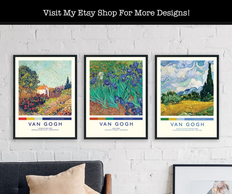 May include: Three framed art prints of famous Van Gogh paintings. The prints feature "Landscape with a Farmhouse", "Irises", and "Wheatfield with Crows". Each print includes the title, artist, and museum where the original painting is located.