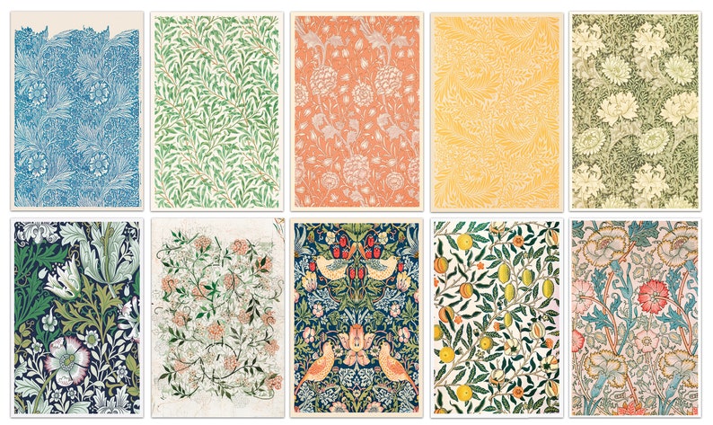 Pu&ograve; includere: Una collezione di 10 disegni di carta da parati vintage con motivi floreali. I motivi presentano una variet&agrave; di fiori, foglie e uccelli in una variet&agrave; di colori, tra cui blu, verde, arancione, giallo e rosa.