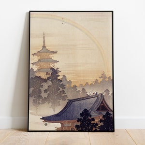 Japanese Pagoda Art, Japanese Art Poster, Pagoda and Rainbow by Ohara Koson, Japanese Woodblock, Japanese Art Prints, Japanese Antique Decor
