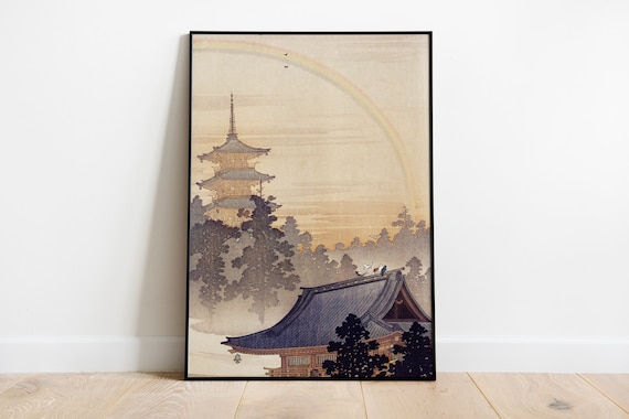 Japanese Pagoda Art, Japanese Art Poster, Pagoda and Rainbow by