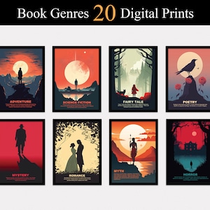 Buchgenre Poster Set mit 20 DIGITALEN Downloads, Klassenzimmerdekor, Bibliotheksdekor, Buchdrucke, Druckset für literarische Genres, Buchliebhaber
