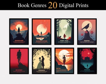 Book Genre Posters Set of 20 DIGITAL Downloads, Classroom Decor, Library Decor, Book Prints, Literary Genres Print Set, Book Lovers