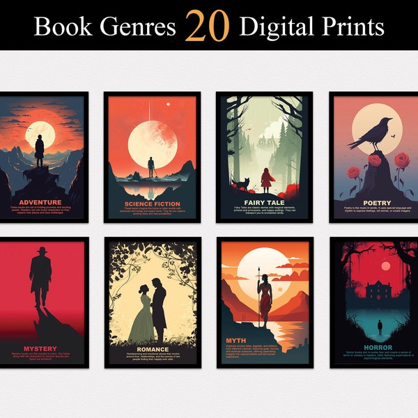 Book Genre Posters Set of 20 DIGITAL Downloads, Classroom Decor, Library Decor, Book Prints, Literary Genres Print Set, Book Lovers