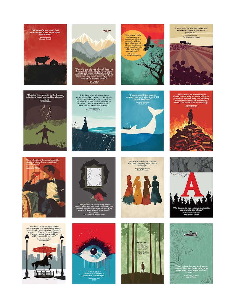 May include: A collage of 16 colorful illustrations with quotes from famous books. Each illustration features a different color scheme and design, with some featuring animals, landscapes, and abstract designs. The quotes are printed in white text on a black background.