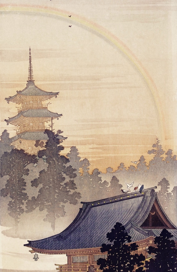 Japanese Pagoda Art, Japanese Art Poster, Pagoda and Rainbow by