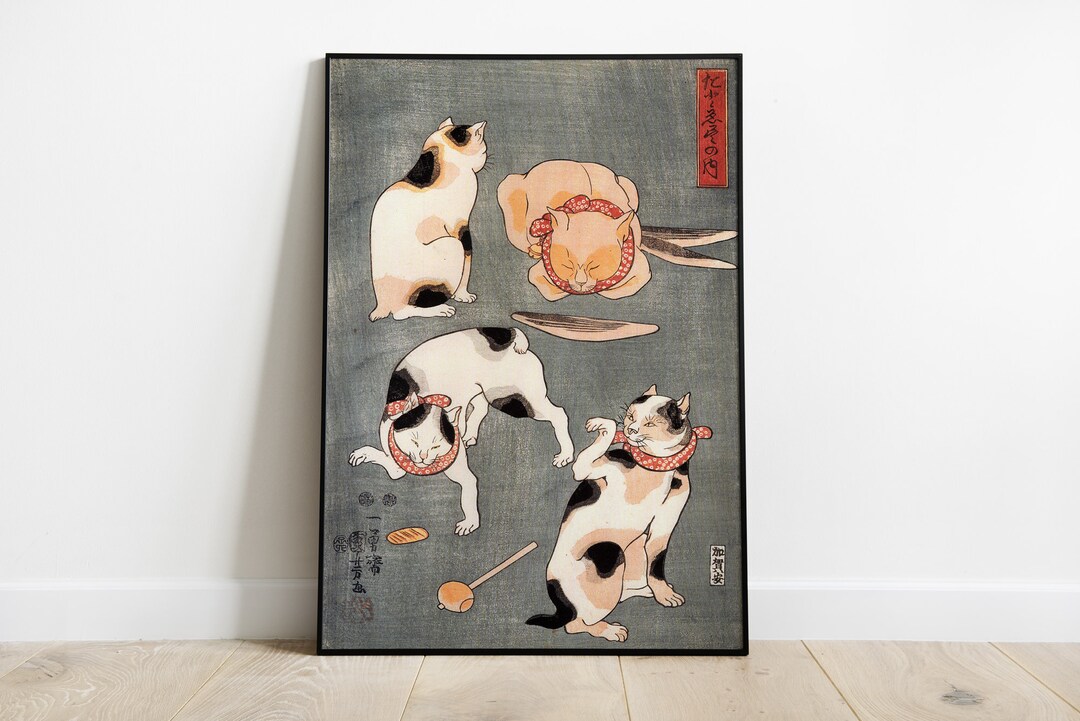 Japanese Cat Print, Four Cats by Utagawa Kuniyoshi, Cat Art, Antique