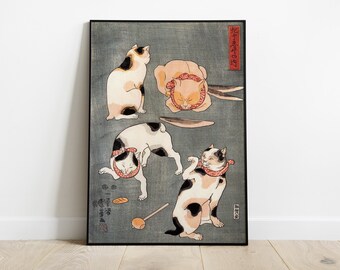Lámina de gato japonés, Cuatro gatos de Utagawa Kuniyoshi, Arte felino, Póster antiguo de gato, Arte mural de gatos japoneses