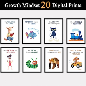 Bilderbuch-Charakter-Poster, Buchzitate-Set mit 20 digitalen Downloads, Klassenzimmerdekor, Bibliotheksdekor, Grundschule, Grundschule, Wachstum